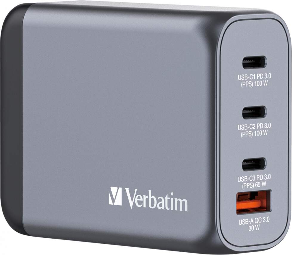 Nabíječka Verbatim GNC-100 GaN nabíječka USB/3× USB-C PD QC 3.0 100 W šedá