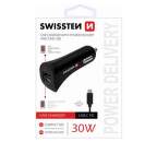 Swissten 1xUSB-A 1xUSB-C PD 30 W autonabíječka, černá + microUSB kabel 1,5m