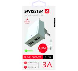 Swissten 2xUSB nabíječka SMART IC 3,1A, bílá + kabel USB-C 1,2m