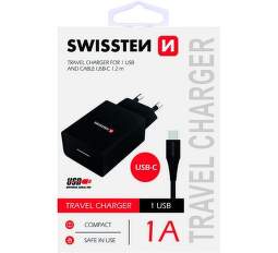 Swissten 1x USB adaptér 1A + kabel USB/USB-C 1,2 m, černá