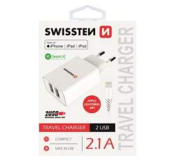 Swissten 2x USB síťový adaptér 2,1A bílá + kabel USB/Lightning MFI 1,2 m