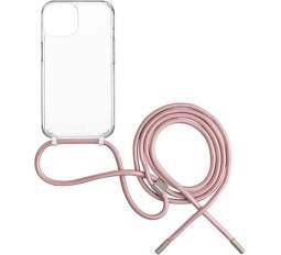 Fixed Pure Neck pouzdro s růžovou šňůrkou pro Apple iPhone 15 Pro transparentní
