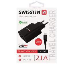 Swissten 2xUSB 2,1 A síťová nabíječka, černá + USB-C kabel 1,2 m
