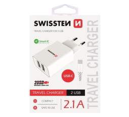 Swissten 2xUSB 2,1 A síťová nabíječka, bílá + USB-C kabel 1,2 m