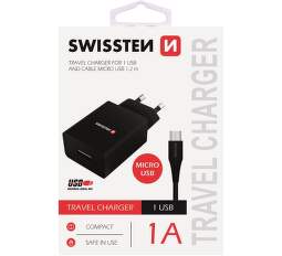 Swissten 1x USB adaptér 1A + kabel USB/Micro USB 1,2 m, černá