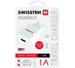 Swissten 1x USB adaptér 1A + kabel USB / Micro USB 1,2 m, bílá