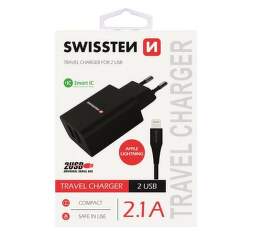 Swissten 2xUSB 2,1 A síťová nabíječka, černá + Lightning kabel 1,2 m