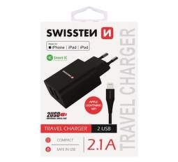 Swissten 2x USB síťový adaptér 2,1A černá + kabel USB/Lightning MFI 1,2 m