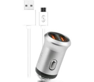 Fonex 2× USB stříbrná autonabíječka + 1m USB/micro USB kabel