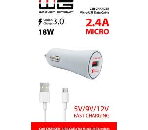 Winner USB QC 3.0 2,4 A bílá micro USB kabel autonabíječka