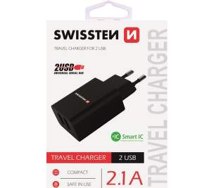 Swissten síťový adaptér Smart IC 2× USB 2,1A černý