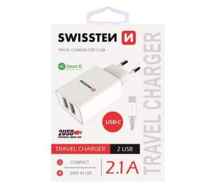 Swissten 2× USB 2,1A bílá nabíječka + 1,2m USB-C kabel