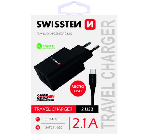 Swissten síťová nabíječka 2x USB + micro USB kabel 1,2 m, černá